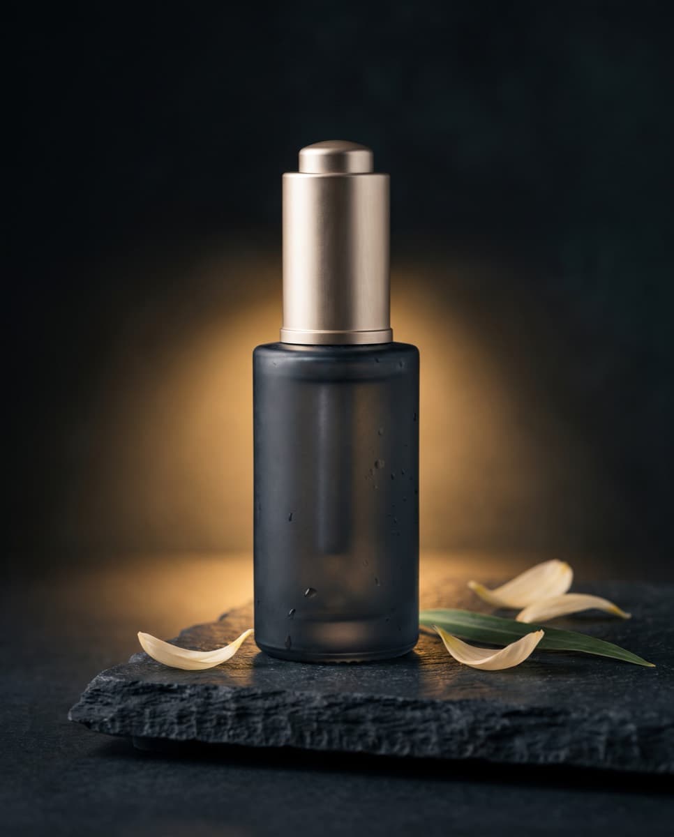 PESHL botanical serum in a matte-black bottle with a brushed-gold dropper